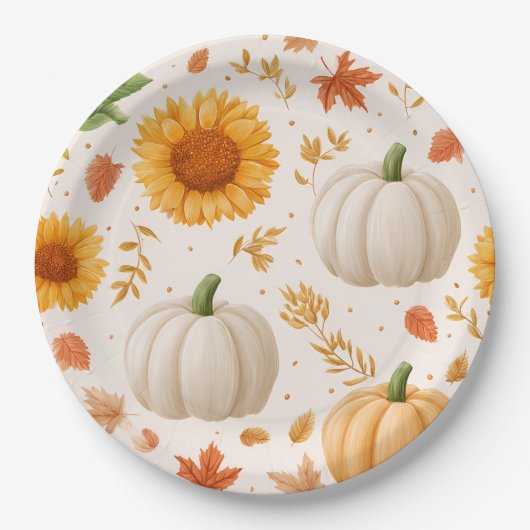 Wasserfarbene Herbstpumpen und Sonnenblumenmuster Pappteller (Vorderseite)