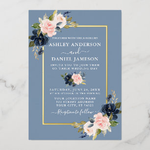 Wasserfarbene Hochzeitsblumen in Rosa, Staubblau u Folieneinladung