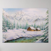 Wasserfarbene Holzhäuser und Pinienbäume im Schnee Poster (Vorne)