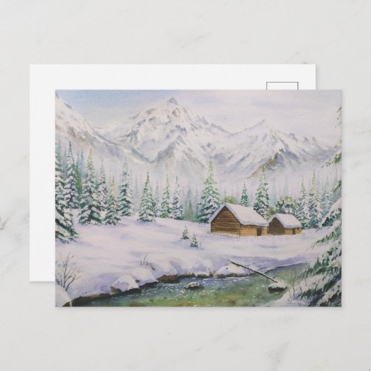 Wasserfarbene Holzhäuser und Pinienbäume im Schnee Postkarte (Vorne/Hinten)