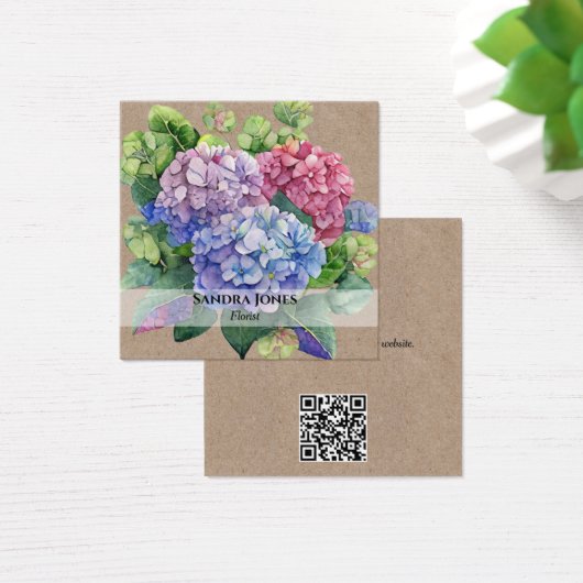 Wasserfarbene Hortensie mit QR-Code Visitenkarten (Schreibtisch)