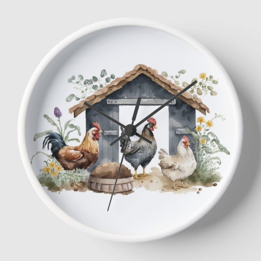 Wasserfarbene Hühner in Coop Uhr (Vorderseite)