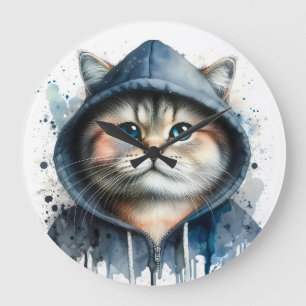Wasserfarbene Katze am Blue Hoodie Splash Art Große Wanduhr