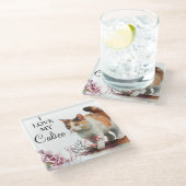 Wasserfarbene Katze mit Frühlingsblumen Glasuntersetzer (Schrägansicht)