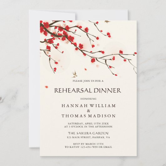 Wasserfarbene Kirsche Blüten Probe Abendessen Einladung (Vorderseite)