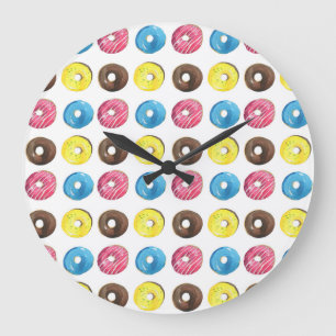 Wasserfarbene kleine Donuts, nahtloses Muster. Große Wanduhr