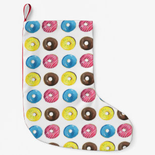 Wasserfarbene kleine Donuts, nahtloses Muster. Kleiner Weihnachtsstrumpf