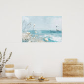 Wasserfarbene Küstenlandschaft mit Leuchtturm Poster (Küche)