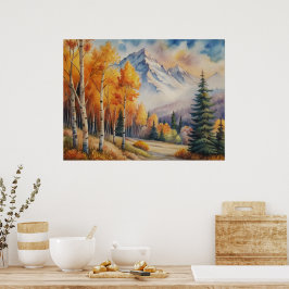 Wasserfarbene Landschaft Herbstwald mit Berg Poster
