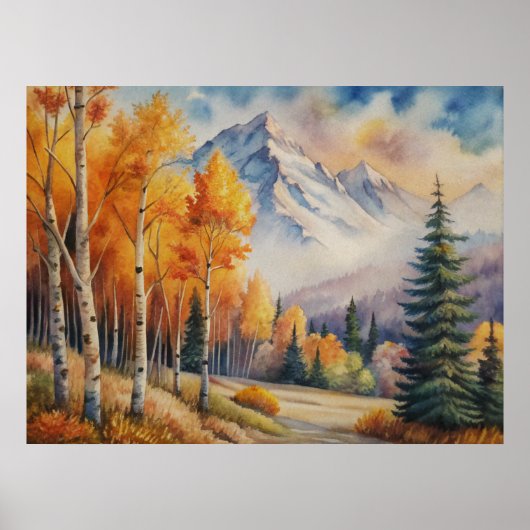 Wasserfarbene Landschaft Herbstwald mit Berg Poster (Vorne)