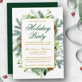 Wasserfarbene Landschaft Pine Holiday Party Gold Einladung