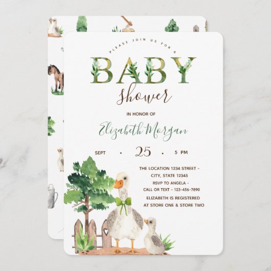 Wasserfarbene Landtiere Gänsedusche Einladung (Vorne/Hinten)