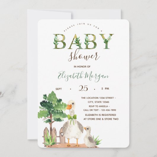 Wasserfarbene Landtiere Gänsedusche Einladung (Vorderseite)