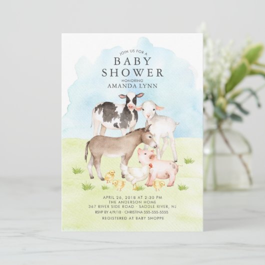 Wasserfarbene Landtiere Kinderdusche Einladung (Stehend Vorderseite)