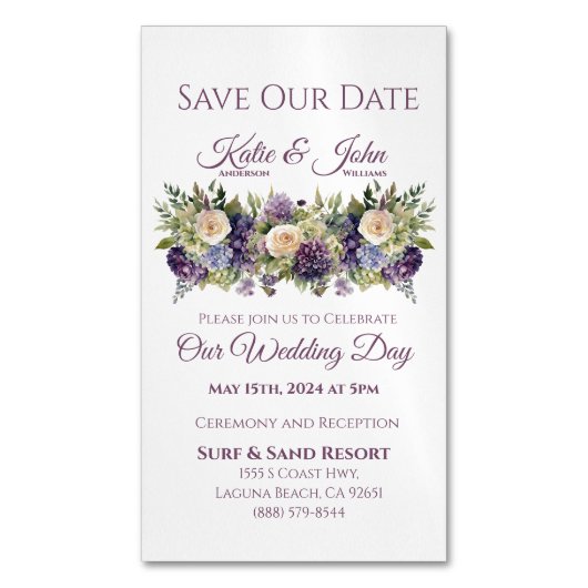Wasserfarbene Lila Blume Bouquet-Save the Date Magnetische Visitenkarte (Vorderseite Vertikal)