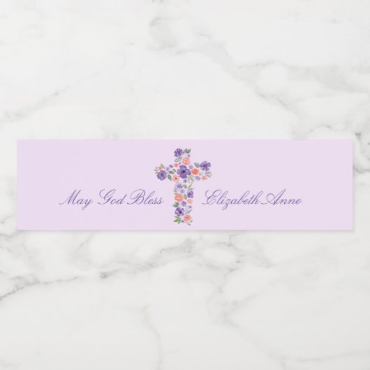 Wasserfarbene Lila Blume Kreuz Erste Kommune Wasserflaschenetikett (Einzelnes Label)