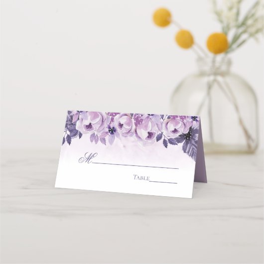 Wasserfarbene Lila Blumen Eleganter Hochzeitstisch Platzkarte (Vorderseite)