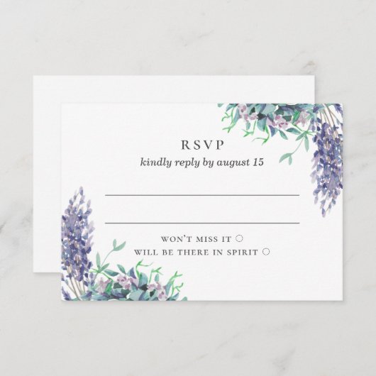 Wasserfarbene lila Blütenhochzeit. Lavendel-Blume RSVP Karte (Vorne/Hinten)