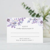 Wasserfarbene lila Blütenhochzeit. Lilac botanisch RSVP Karte (Stehend Vorderseite)