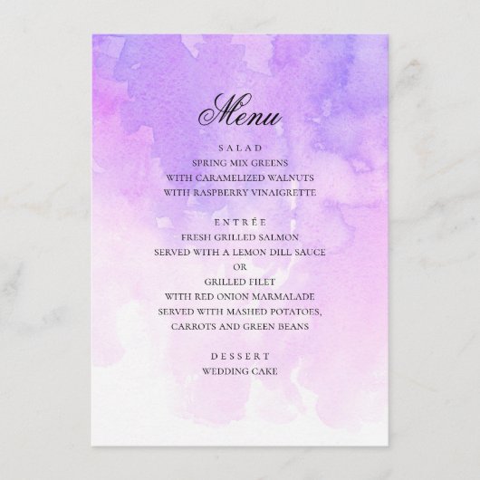 Wasserfarbene lila Hochzeit. Romantischer Lavendel Menükarte (Vorderseite)