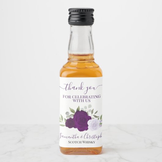 Wasserfarbene Lila Rose Hochzeit Danke Mini Alkoholflaschenetikett (Vorderseite)