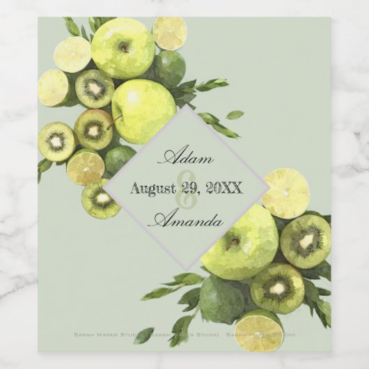 Wasserfarbene Limone Äpfel & Kiwis Gerahmter Hochz Weinetikett (Einzelnes Label)