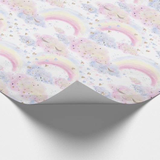 Wasserfarbene magische Regenbogen und Wolken-Glitz Geschenkpapier (Ecke)