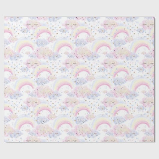 Wasserfarbene magische Regenbogen und Wolken-Glitz Geschenkpapier (Flach)