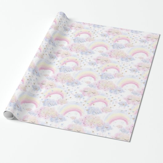 Wasserfarbene magische Regenbogen und Wolken-Glitz Geschenkpapier (Ungerollt)