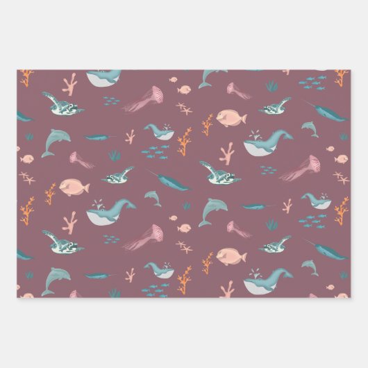 Wasserfarbene Meerestiere Rosa Muster Geschenkpapier Set (Vorderseite 3)