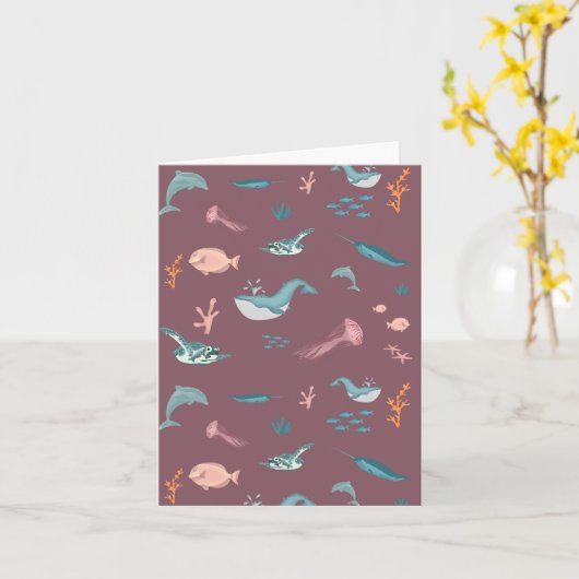 Wasserfarbene Meerestiere Rosa Muster Karte (Gelbe Blume)