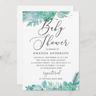 Wasserfarbene Minze Blumensukkulturen Babydusche Einladung