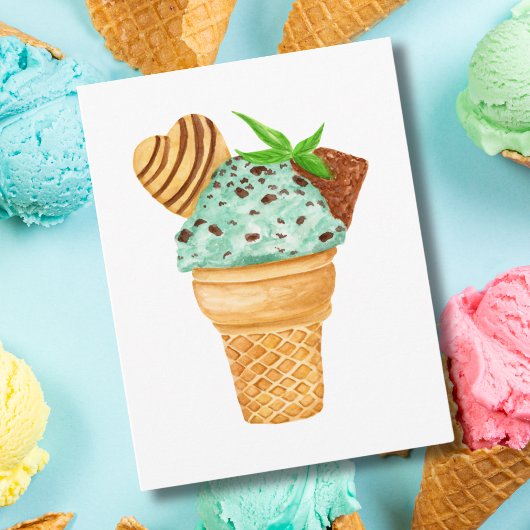 Wasserfarbene Minze Schokolade Chip Ice Creme Gebu Karte