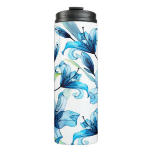 Wasserfarbene nahtlose Muster mit blauen Lilien Thermosbecher