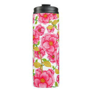 Wasserfarbene nahtlose Muster mit Blumen. Vintage Thermosbecher