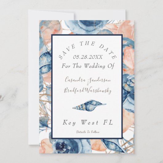 Wasserfarbene Nautic Wedding Muscheln Rose Einladung (Vorderseite)