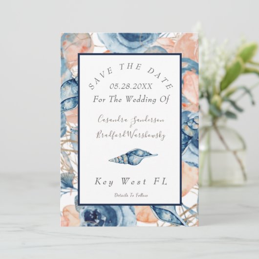 Wasserfarbene Nautic Wedding Muscheln Rose Einladung (Stehend Vorderseite)