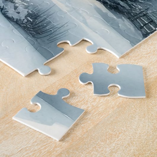 Wasserfarbene Nebelgebirge Hütte Winterlandschaft Puzzle (Seite)