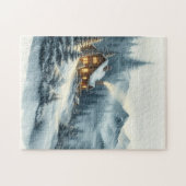 Wasserfarbene Nebelgebirge Hütte Winterlandschaft Puzzle (Horizontal)