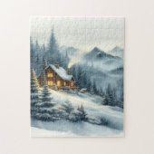 Wasserfarbene Nebelgebirge Hütte Winterlandschaft Puzzle (Vertikal)