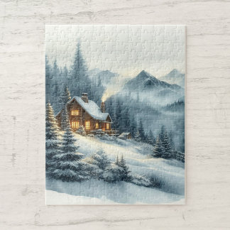 Wasserfarbene Nebelgebirge Hütte Winterlandschaft Puzzle