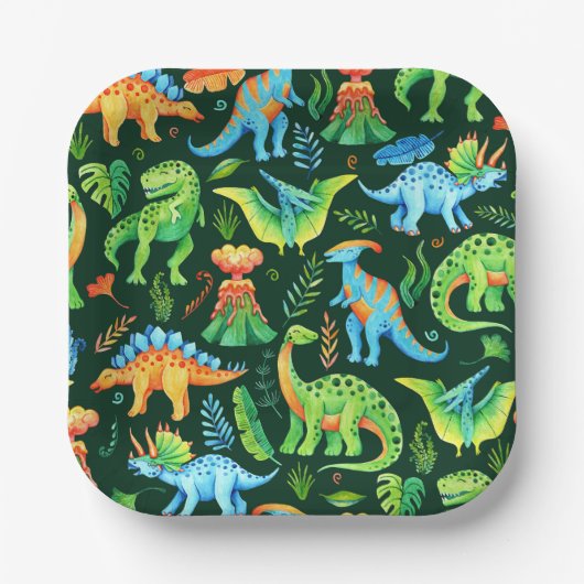 Wasserfarbene Niedliche Dinosaurier Boys Geburtsta Pappteller (Vorderseite)