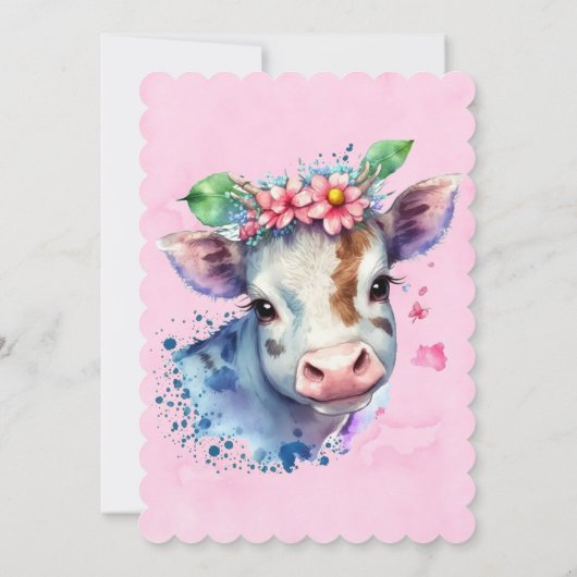 Wasserfarbene Niedliche Kuh mit Florals Girl Babyd Einladung (Rückseite)