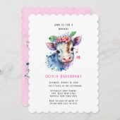 Wasserfarbene Niedliche Kuh mit Florals Girl Babyd Einladung (Vorne/Hinten)