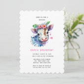 Wasserfarbene Niedliche Kuh mit Florals Girl Babyd Einladung (Stehend Vorderseite)