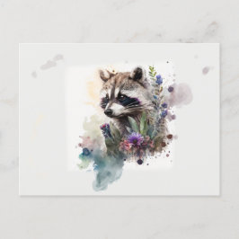 Wasserfarbene Niedliche Raccoon Frühlingsblumen Postkarte