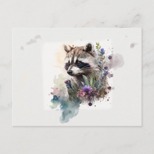 Wasserfarbene Niedliche Raccoon Frühlingsblumen Postkarte (Vorderseite)