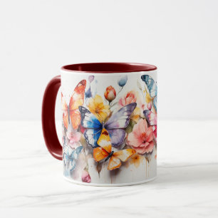 Wasserfarbene Niedliche Schmetterlinge und Blume T Tasse