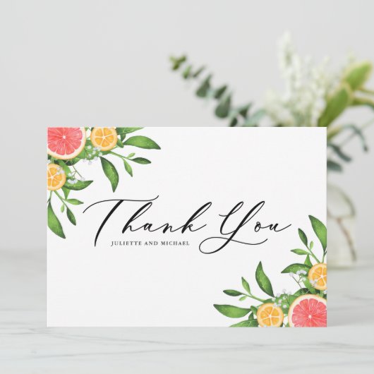 Wasserfarbene Orangen und Grapefruits - Grenzen Dankeskarte (Stehend Vorderseite)