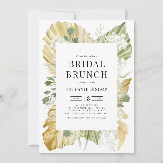 Wasserfarbene Palm-Blätter Sommerbridal Brunch Einladung (Vorderseite)